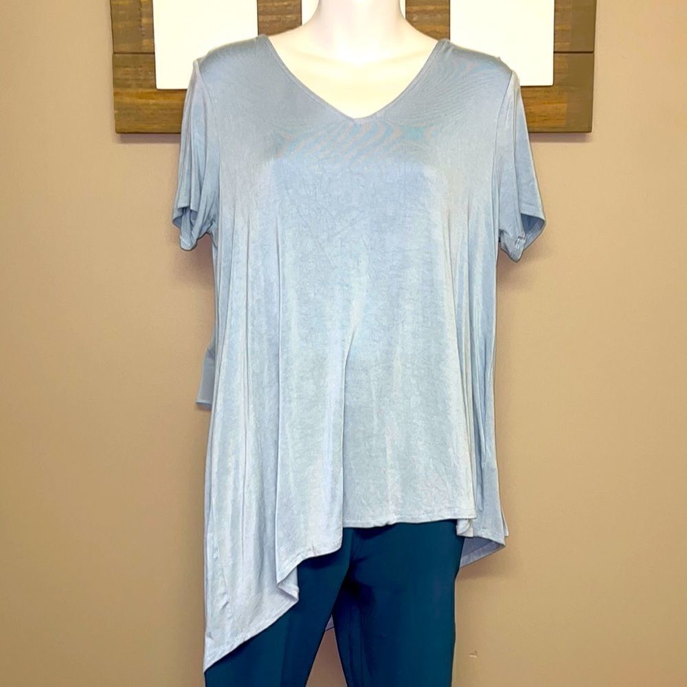 Lisa Rinna Asymmetrical Light Blue Shirt Horizontal and Lace Accents- Small